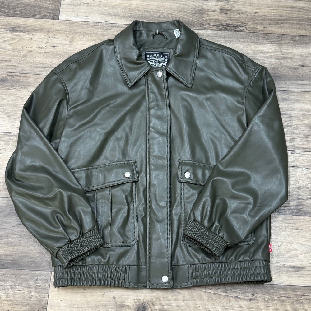 Levi's Faux Leather Jacket Olive Green Bomber - Like New Condition Large